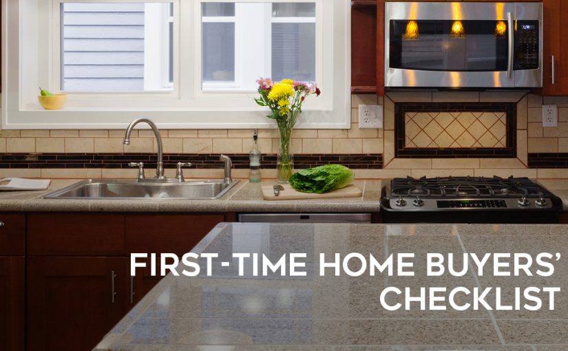 Photo of a home kitchen with the test "First-Time Home Buyers' Checklist" and the Coldwell Banker Carroll Realty Logo